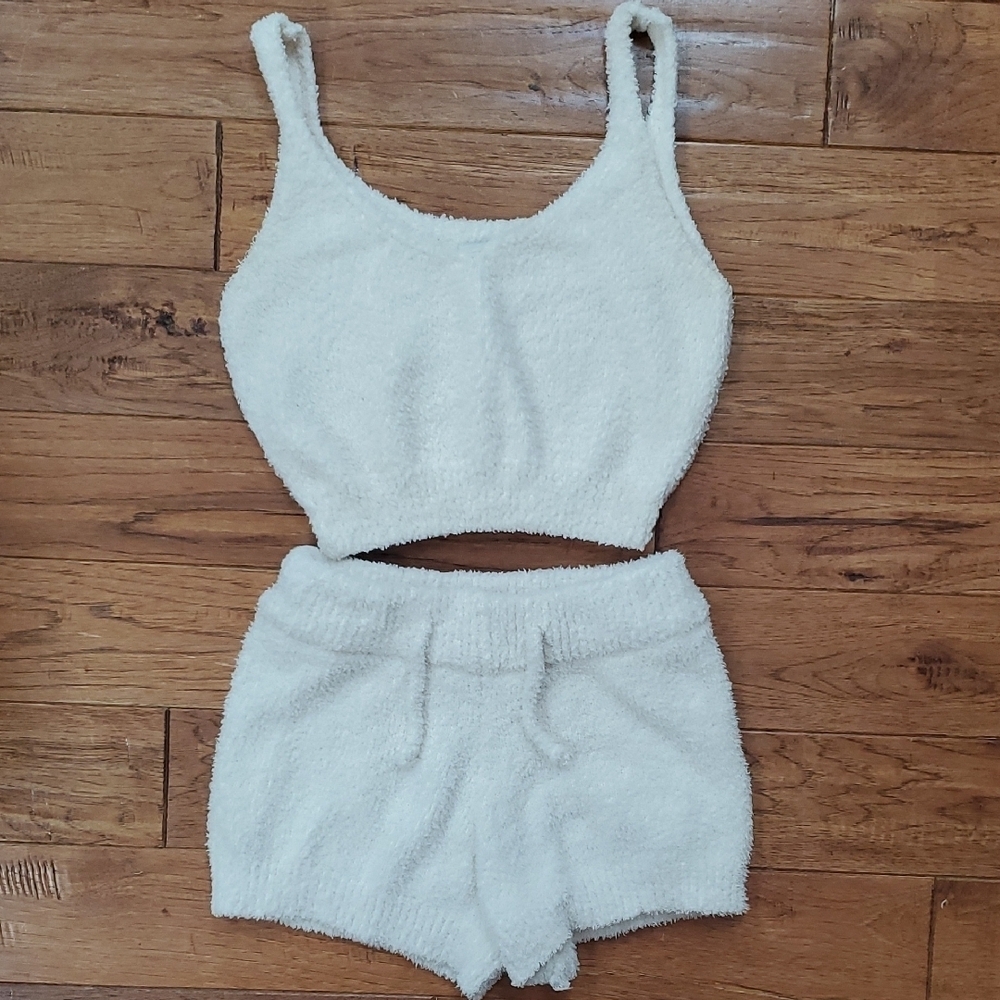Pleshy Cozy White Fuzzy Crop Top and Shorts Set